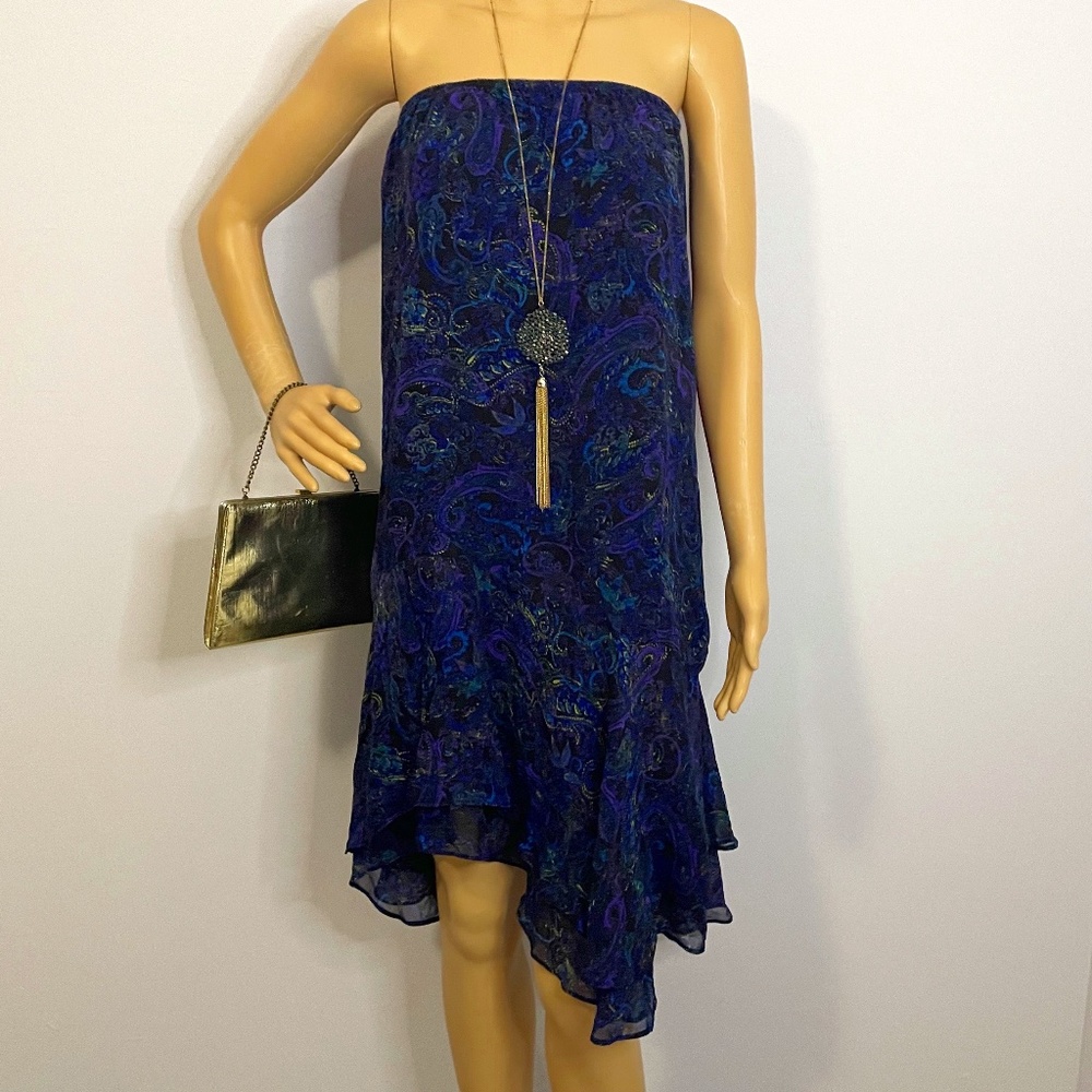 Navy black mustard paisley 100% silk chiffon asymmetrical ruffled midi skirt!